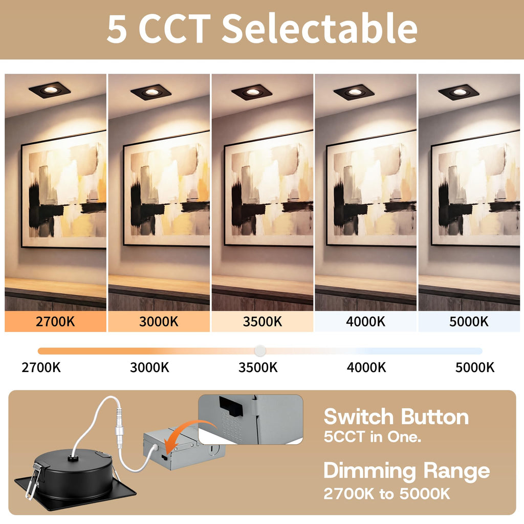 Black Square Gimbal Recessed Spot Lights 4 Inch 6 Pack,dimmable