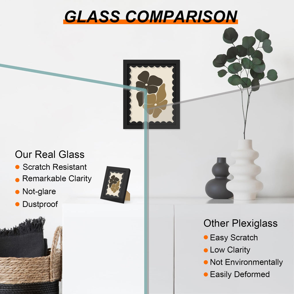 5x7 Picture Frame with Real Glass, Wooden cute 5 x 7 Photo Frame with Wavy Mat for Tabletop and Wall Hanging, Black