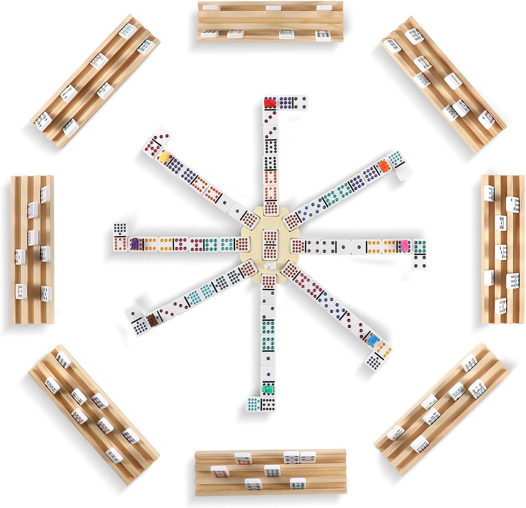Mexican Train Dominoes Set with 8 Wooden Trays/Racks, Double 15 Dominos Travel Set with 8 Tiles Holders, 136 Tiles - Set of 136
