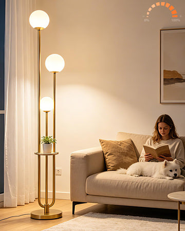63IN Dimmable Floor Lamp with Shelf, Unique Globe Gold Tall Standing Lamps, 3000K Warmwhite Mid Century Modern Floor