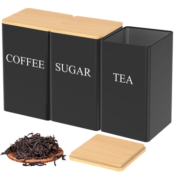3 Pcs Coffee Tea Sugar Container Set, 1000 ml Vintage Kitchen Canister Set with Bamboo Lids, Metal Food Storage