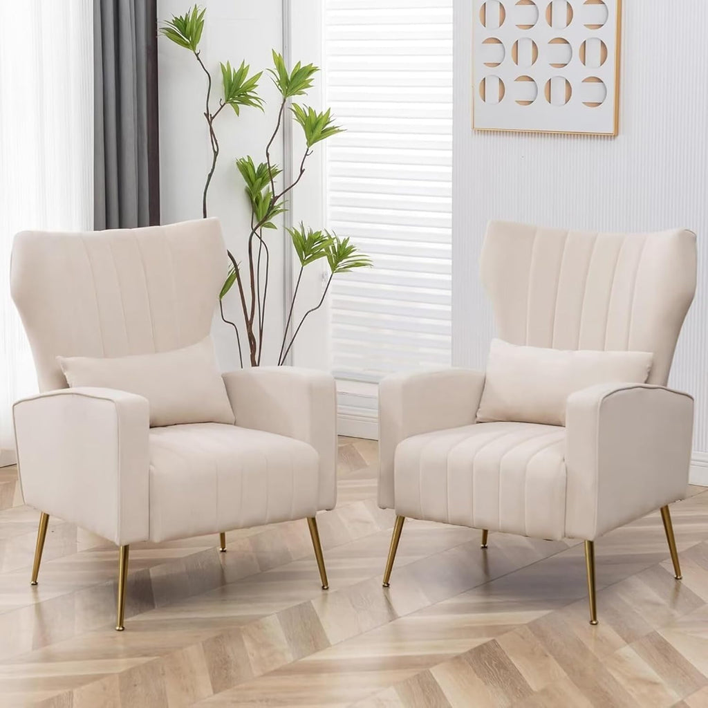 Velvet Accent Chair Set of 2,Wingback Armchair , HighBack Reading Chair with Golden Legs Lumbar Pillow, Upholstered