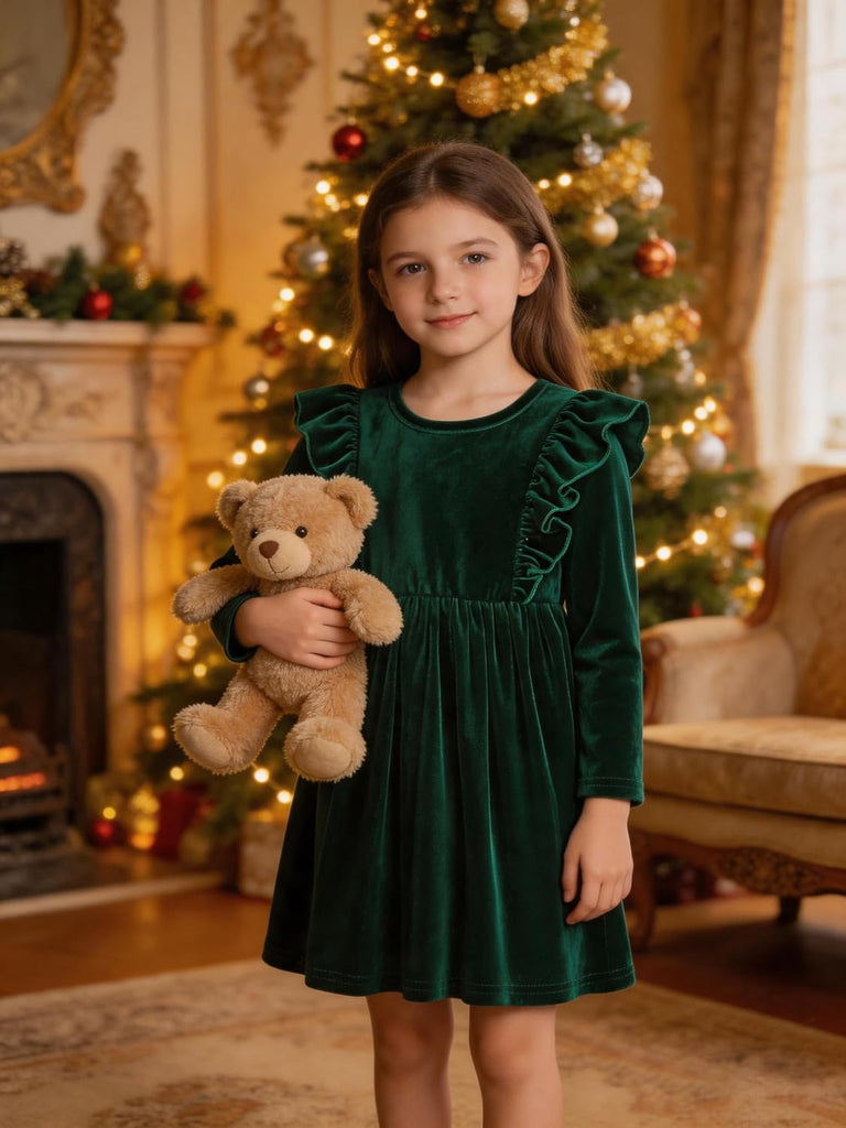 Velour Velvet Dress Long Sleeve Ruffle Party Dress Soft Stretch Fall Dress for Toddler Kids