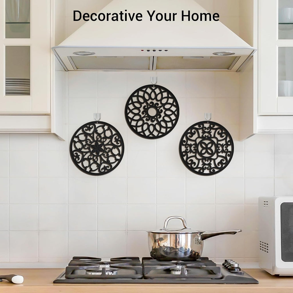 Set Silicone Trivet Mats for Hot Dishes Pots and Pans (Black) - Set of 6