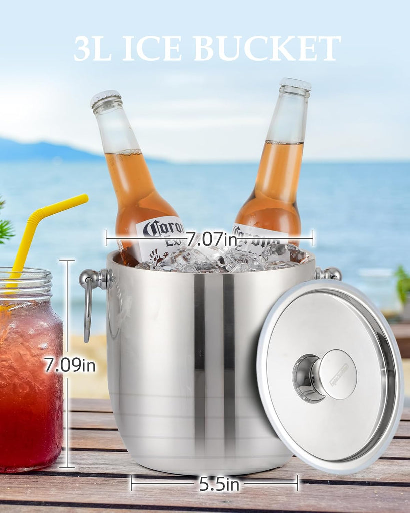 Insulated Ice Bucket, 3L Double Wall Stainless Steel Ice Bucket