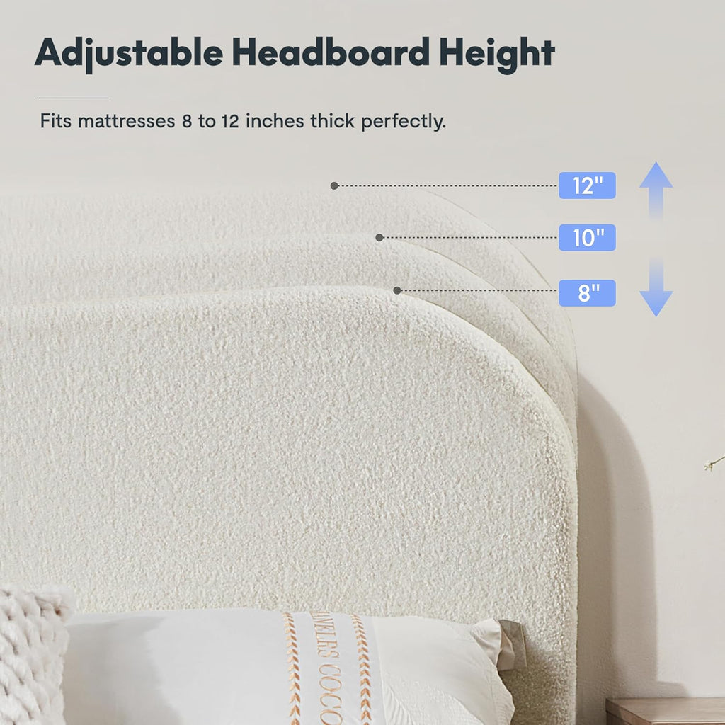 Queen Adjustable Bed with Boucle Upholstered Bed Frame, White