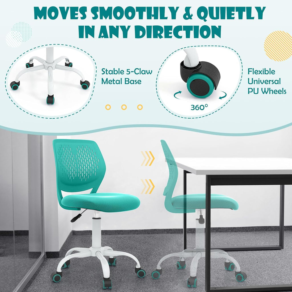 Kids Desk Chair, Armless Study Seat w/Wheels, Adjustable Height & Swivel, Low Back, Padded Cushion, Ergonomic Rolling