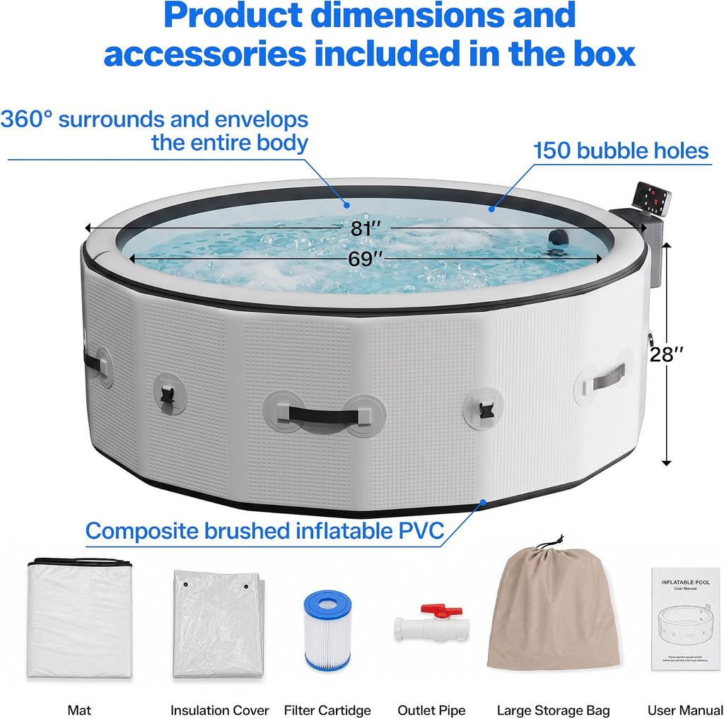 Inflatable Hot Tub 6 Person, Portable Massage Family Spa with App Control | 360° bubble massage spa ,No installation