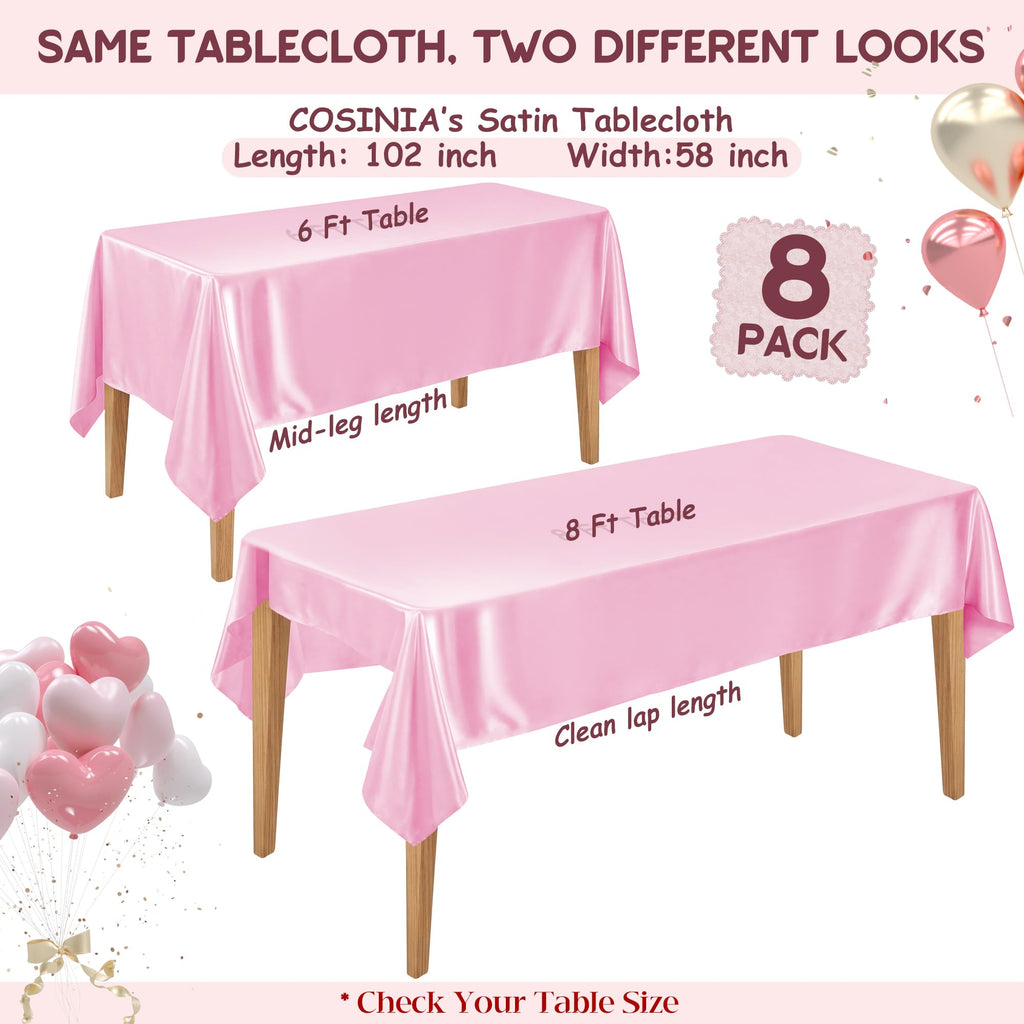 8 Pack Pink Satin Tablecloth 58 x 102 Inch Overlay Seamless Design