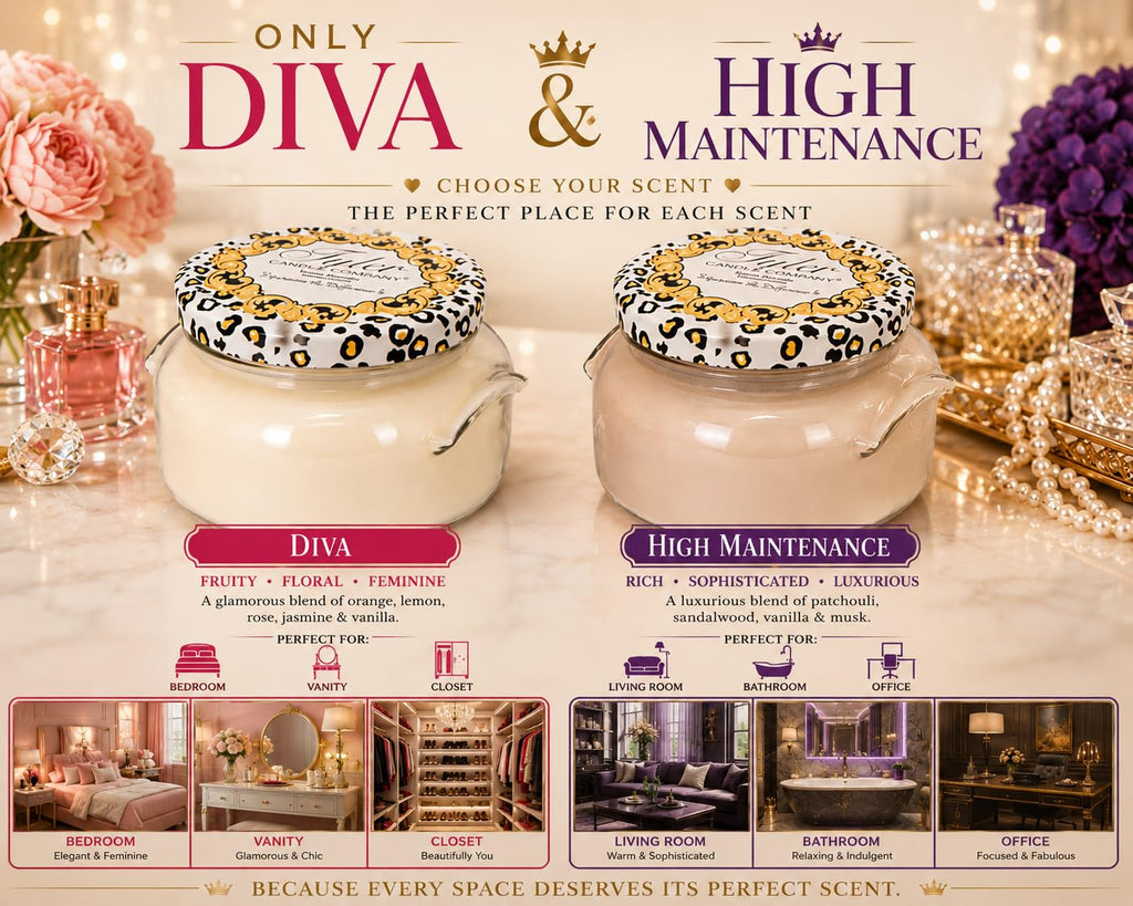 Diva & High Maintenance Scented Candle, 22 oz 2-Wick Soy Wax Jar, Large Highly Scented Candle Set Pack of 2, Long