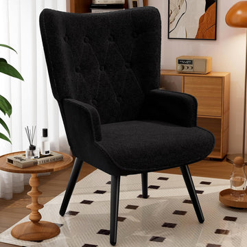 Accent Chair, Upholstered Teddy Fabric Living Room Chairs | High Back Mid Century Modern Accent Chair, Comfy Wingback
