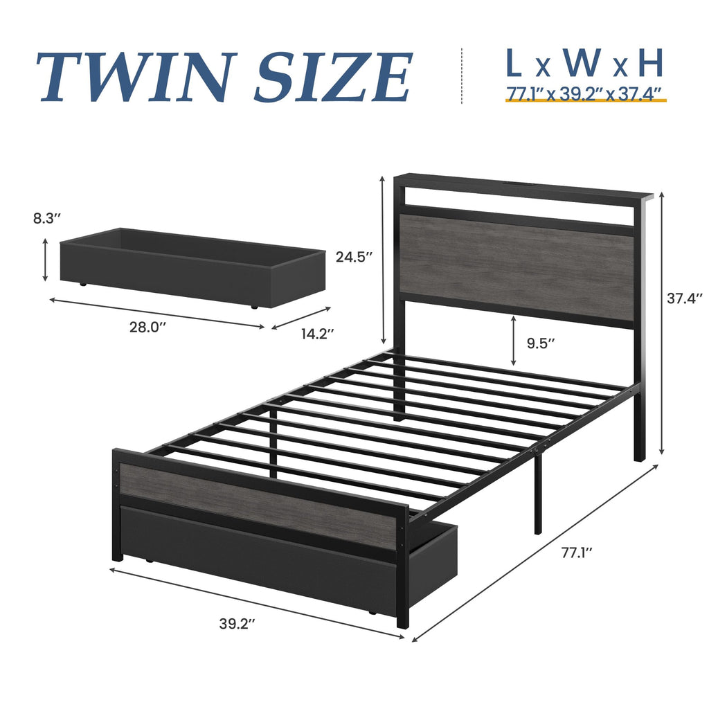 Bed Frame, Bed Frame with Storage Headboard & Storage Drawer, Charging Station & LED Light, No Box Spring