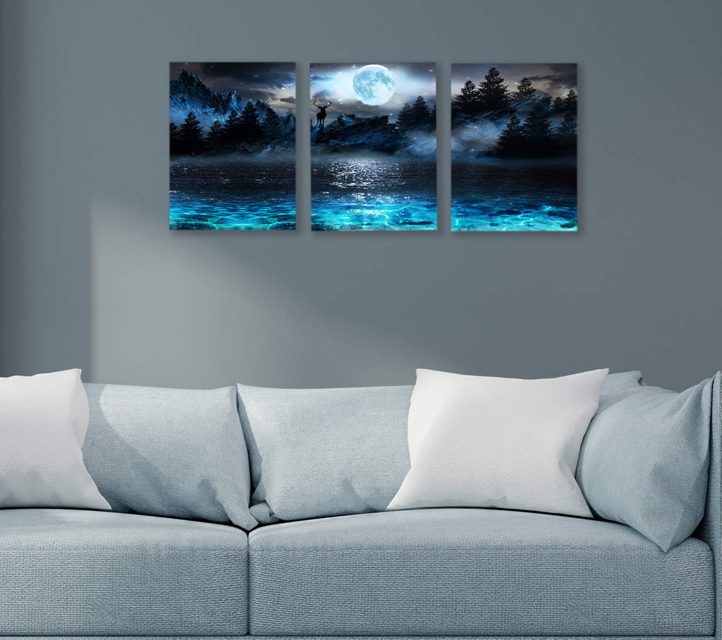 Wall Decorations Moon Deer Ocean Landscape Picture Teen Room Decor Wall Art Modern Decor 3 Piece Framed Ready To Hang