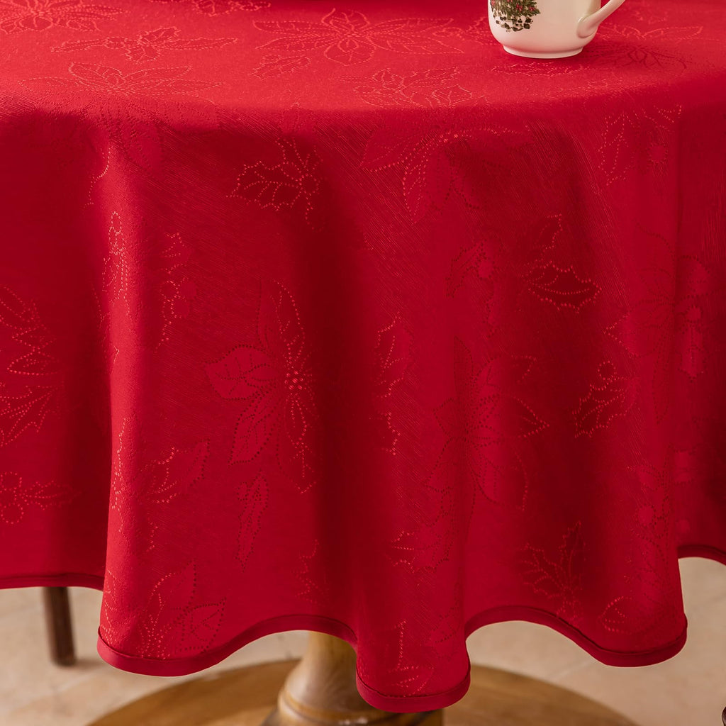 Red Christmas Tablecloth, Jacquard Fabric Winter Poinsettia Round Table Cloth, Countryside Waterproof Kitchen Dining