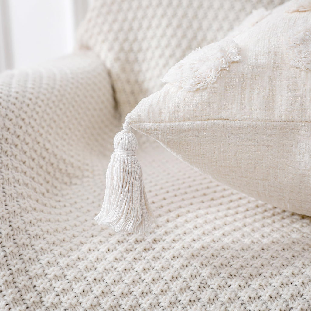 Super Soft Farmhouse Decorative Plush Throw Pillow Covers 22 x 22 White, Solid Pom pom Tufted with Tassels Modern
