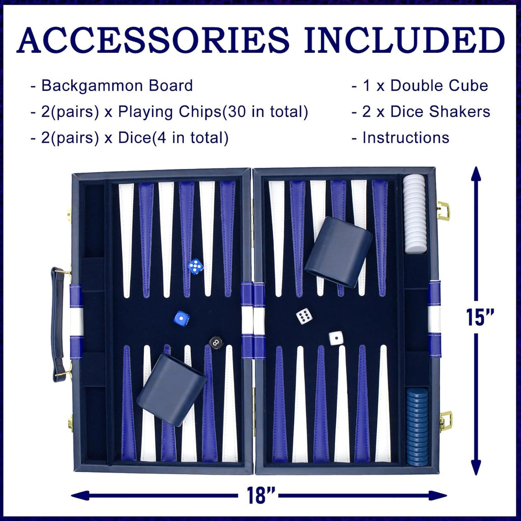 Large Backgammon Sets for Adults - Classic Board Games for 2 Players Adults and Kids - Premium Backgammon Set 15 inch - Set of 39