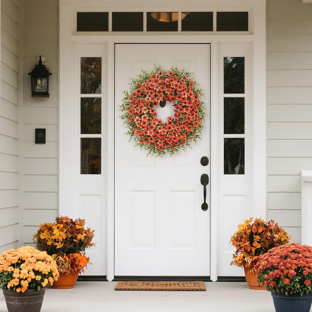 26" Large Artificial Silk Flower Eucalyptus Wreath for Outdoor(Fall Orange)