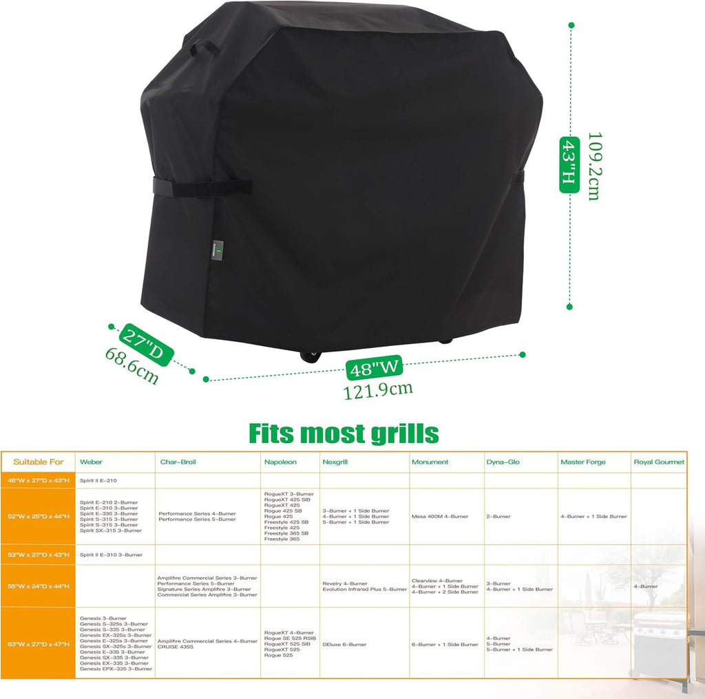 Grill Cover BBQ Cover, Black, 48" W x 27" D x 43" H | For 2 Burner Charcoal Gas BBQ, Heavy Duty, Rip-stop