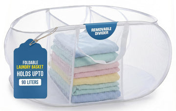 Collapsible Laundry Basket, 3-Compartment Mesh Laundry Sorter, Foldable Pop Up Hamper with Handles, Space-Saving