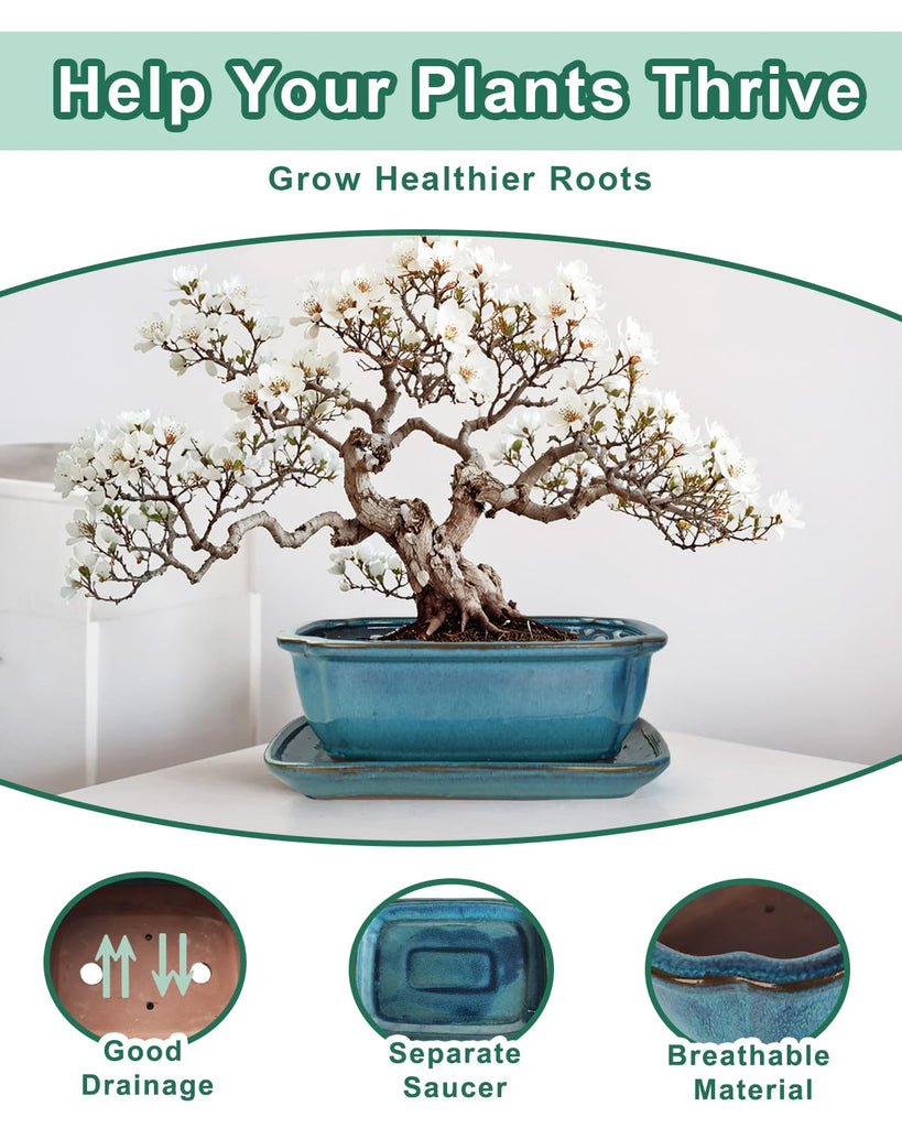 10.5 Inch Ceramic Bonsai Pot with Drainage Hole and Saucer, Blue
