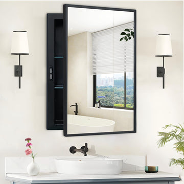 Recessed Medicine Cabinets with Mirror, Black Bathroom Mirror with Storage, Rectangle Medicine Cabinet Mirror, Metal