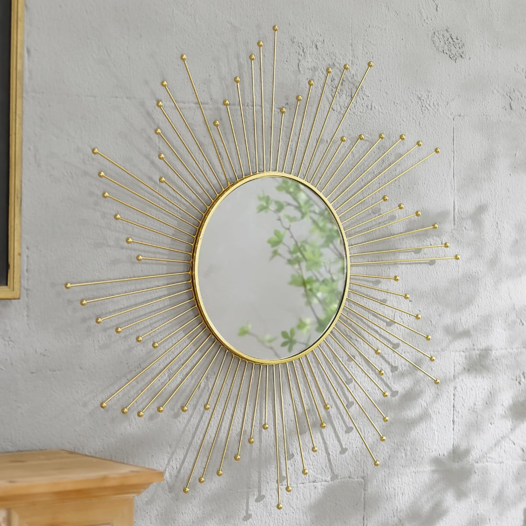 Large Gold Sunburst Mirror - 31" Starburst Wall Mirror with 12" Round Glass, Mid-Century Modern Elegant Gold Sun