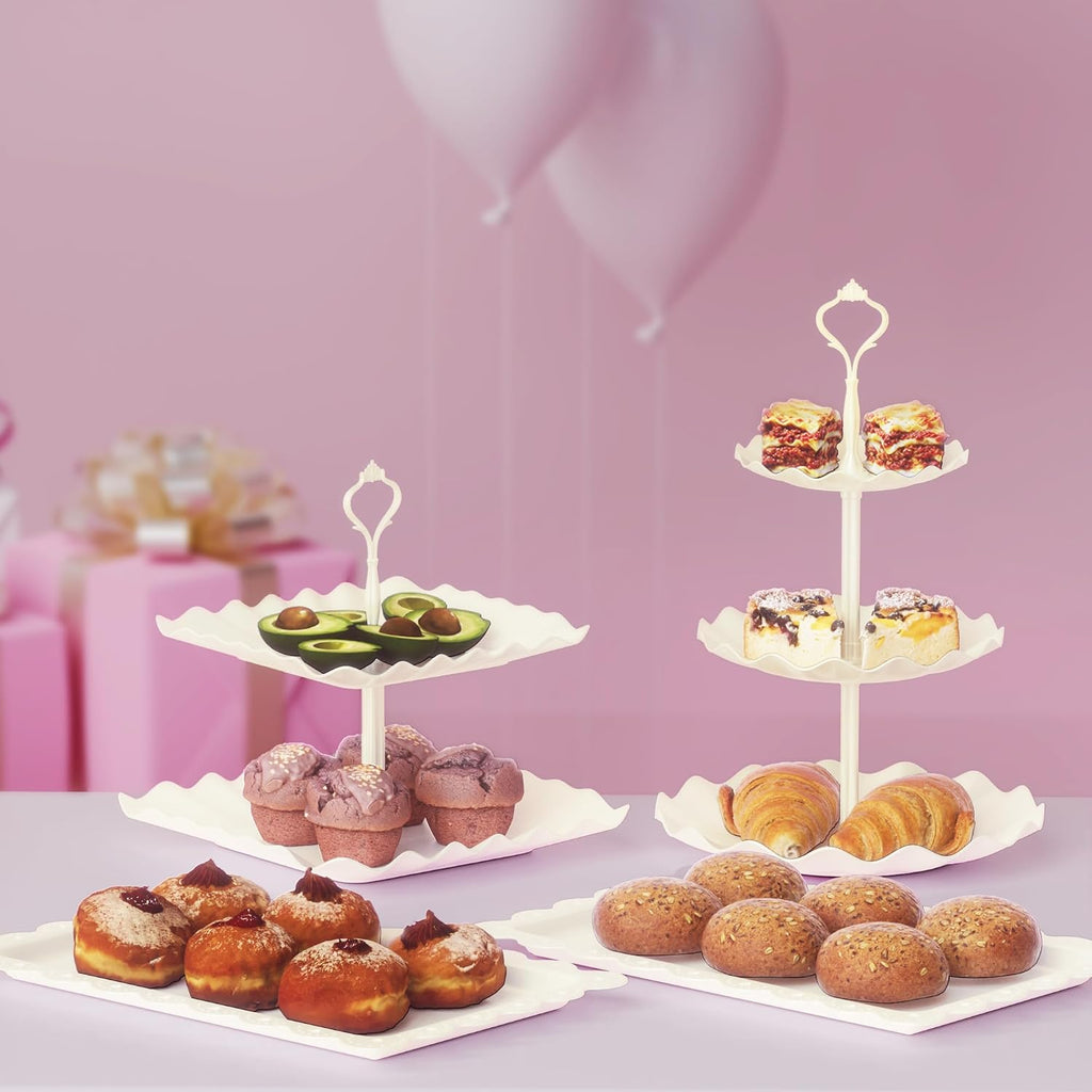 Cake Stand Set with 3 x Two-Tier and 3 x Three-Tier Cupcake Stands, Plastic Dessert Table Stand Set 3 Tired - Set of 10