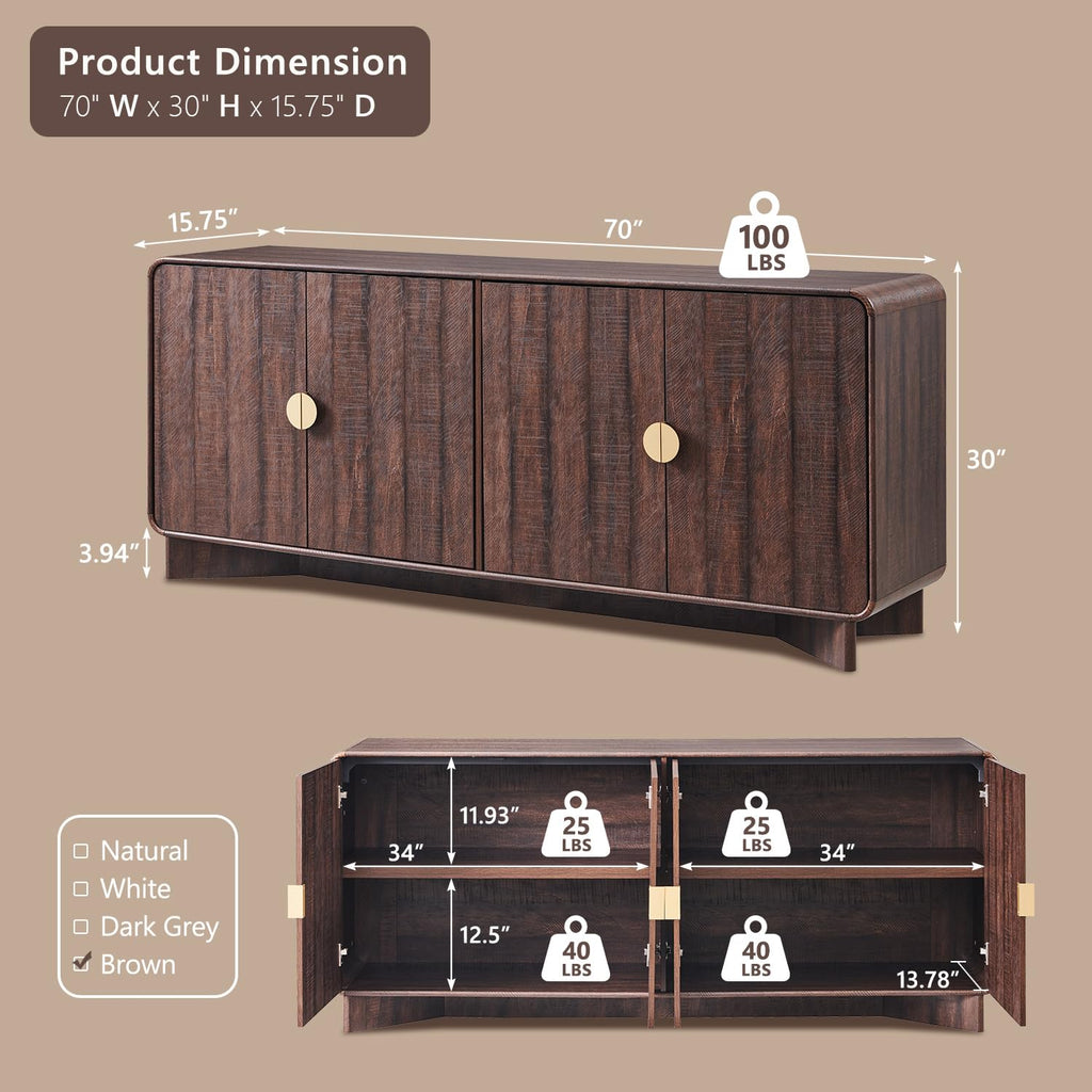 70" Modern TV Stand with Storage, Wood Curved TV Console, Dark Walnut