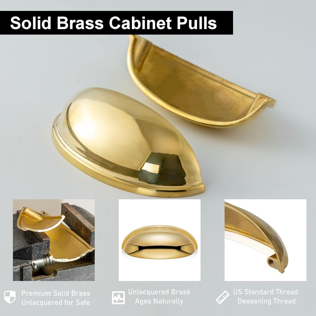 2-Pack Unlacquered Brass Cabinet Cup Pulls, Gold Bin Cup Drawer Dresser Handles, 3-Inch Hole Center, Kitchen Cupboard