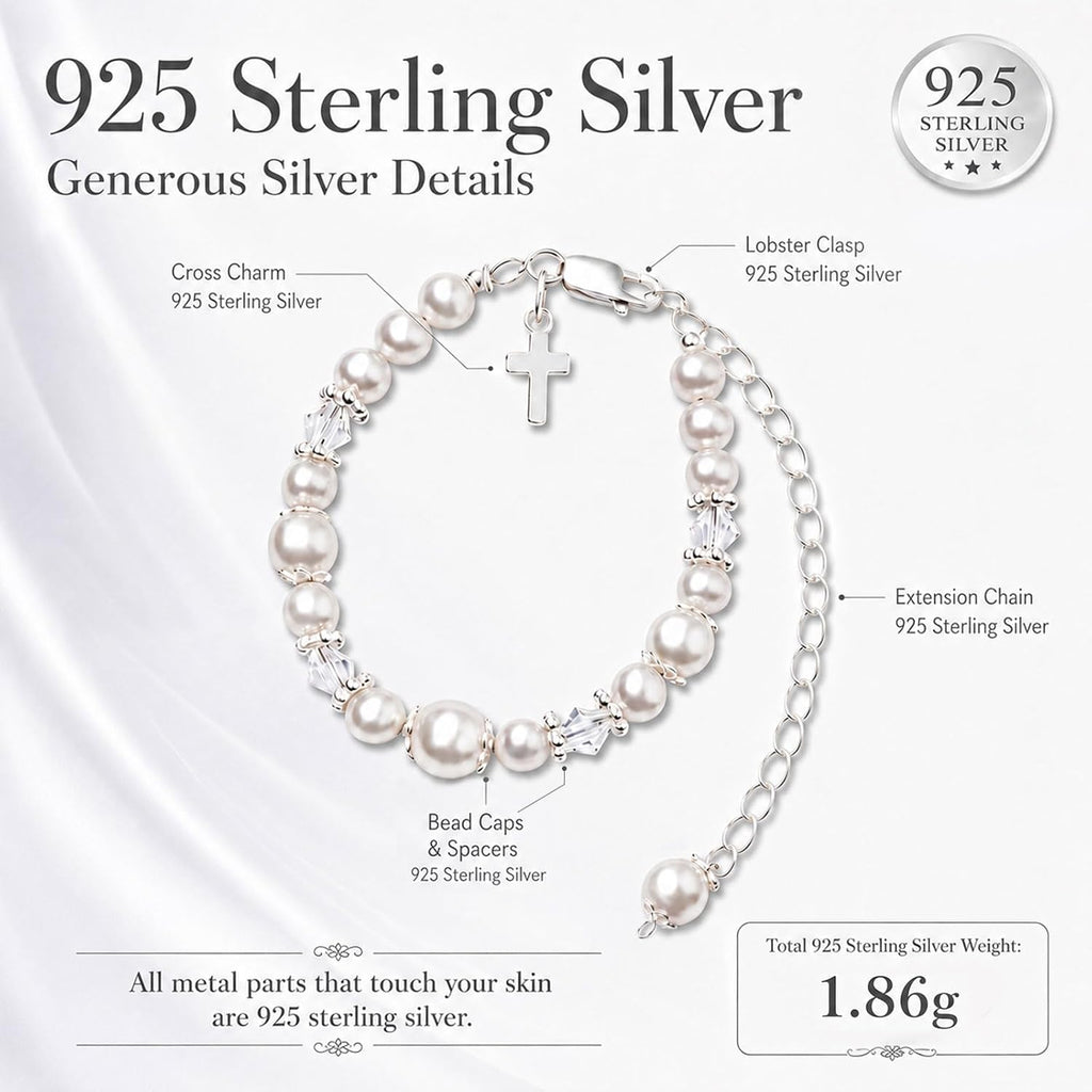 Baptism Bracelet in 925 Sterling Silver and Cultured Pearls for Baby Girls, with Silver-plated Jewelry Keepsake Box