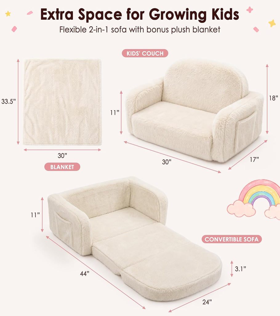 In-1 Kids Plush Kids Couch, Extra Wide Toddler Couch with Bonus Blanket - Ultra-Thick Faux Fur Convertible Sofa