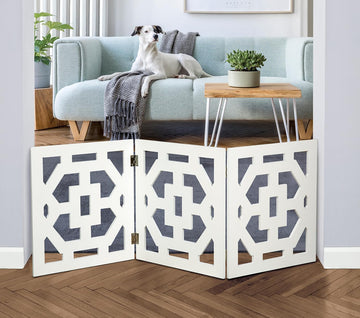 Freestanding Dog Gate Expandable Decorative Wooden Fence for Small to Medium Pet Dogs, Barrier for Stairs, Doorways