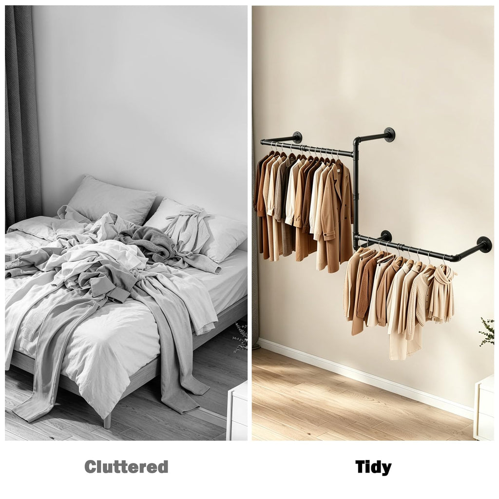 Industrial Pipe Clothes Rack, 50 In Heavy Duty Wall Mounted Garment Rack, DIY Rustic Iron Clothing Bar Closet Laundry