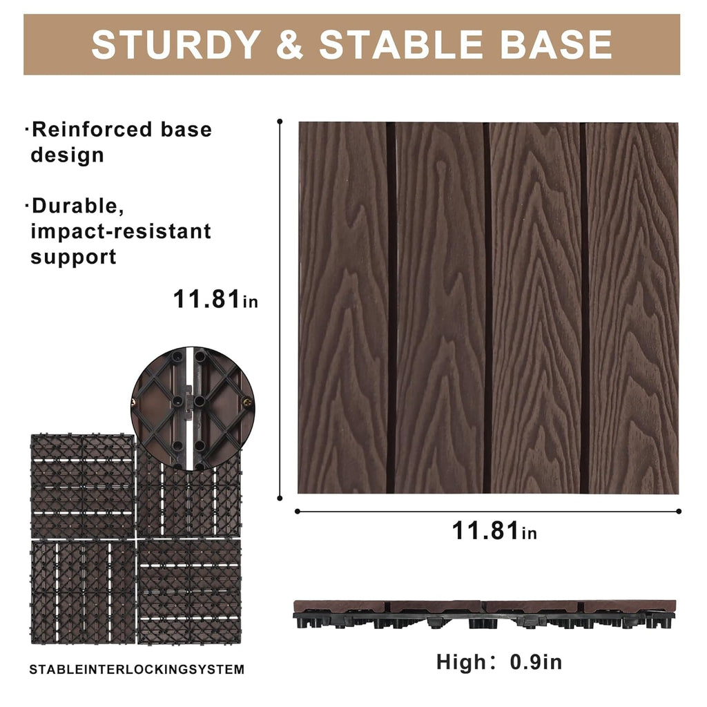 Composite Interlocking Deck Tiles Outdoor, 12"x12" Waterproof Decking Tiles Outdoor, Straight Grain Outdoor Deck Tiles