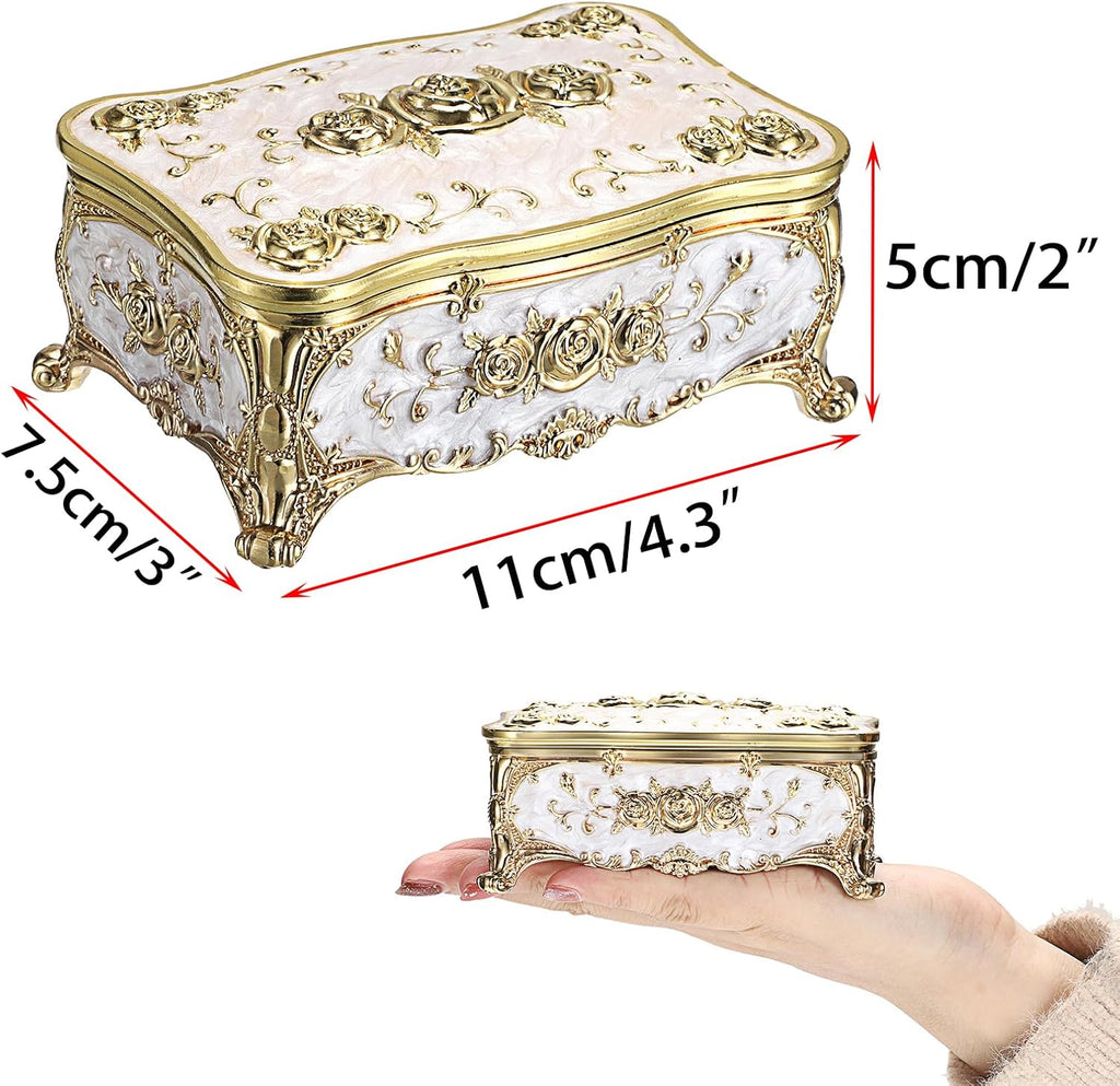 Metal Jewelry Box with Rose Pattern - Vintage Gold Trinket Organizer