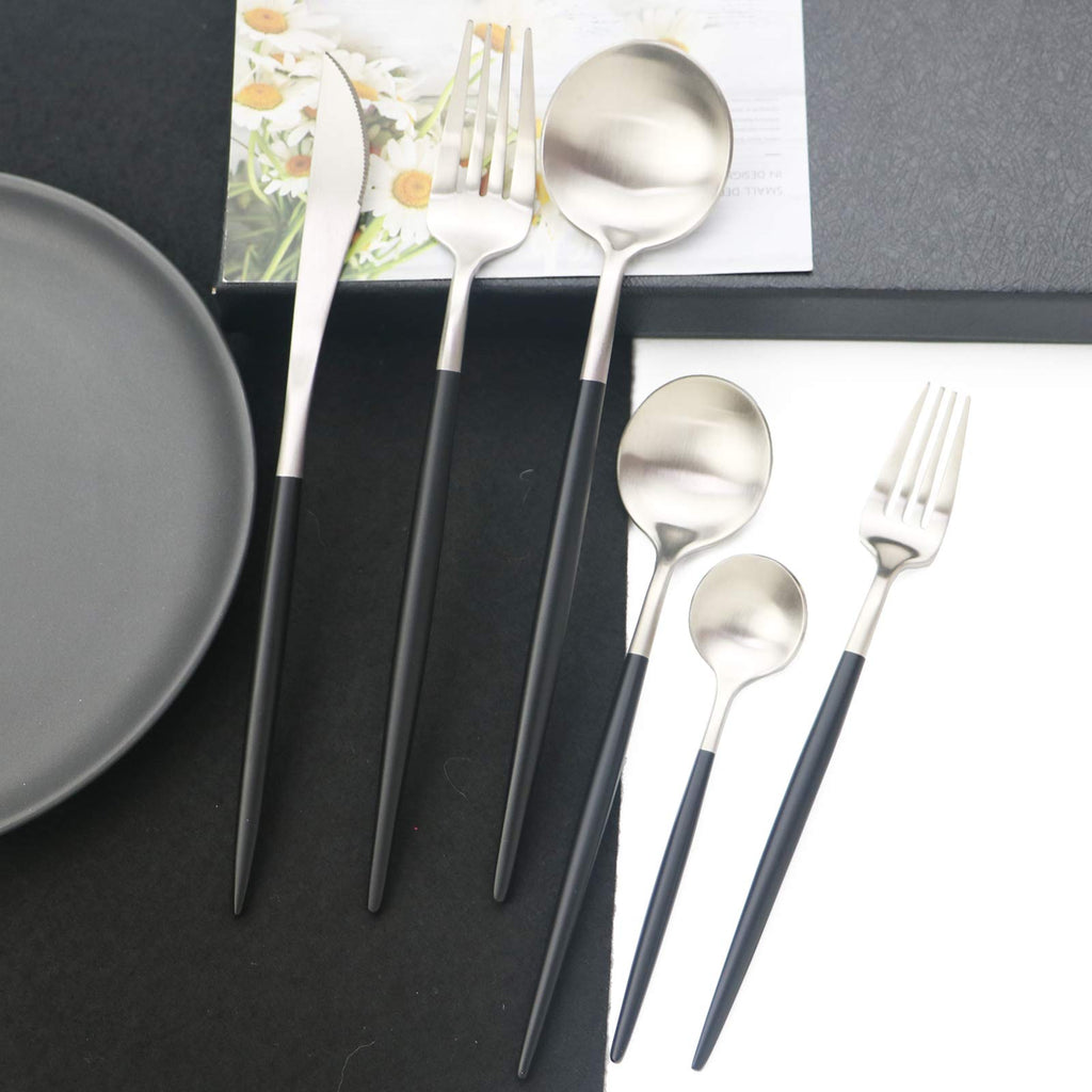 18/10 Black Handle Flatware Silver Silverware Set 304 Stainless Steel Flatware Cutlery Set| 24-Piece Adaline Royal