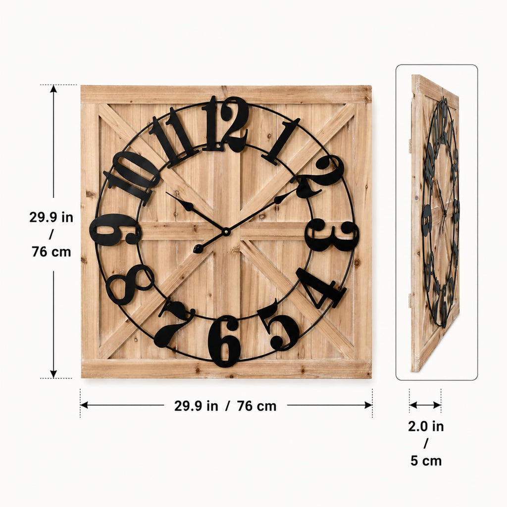 Wooden Farmhouse Wall Clock 30 Inch, Rustic Barn Door Clock