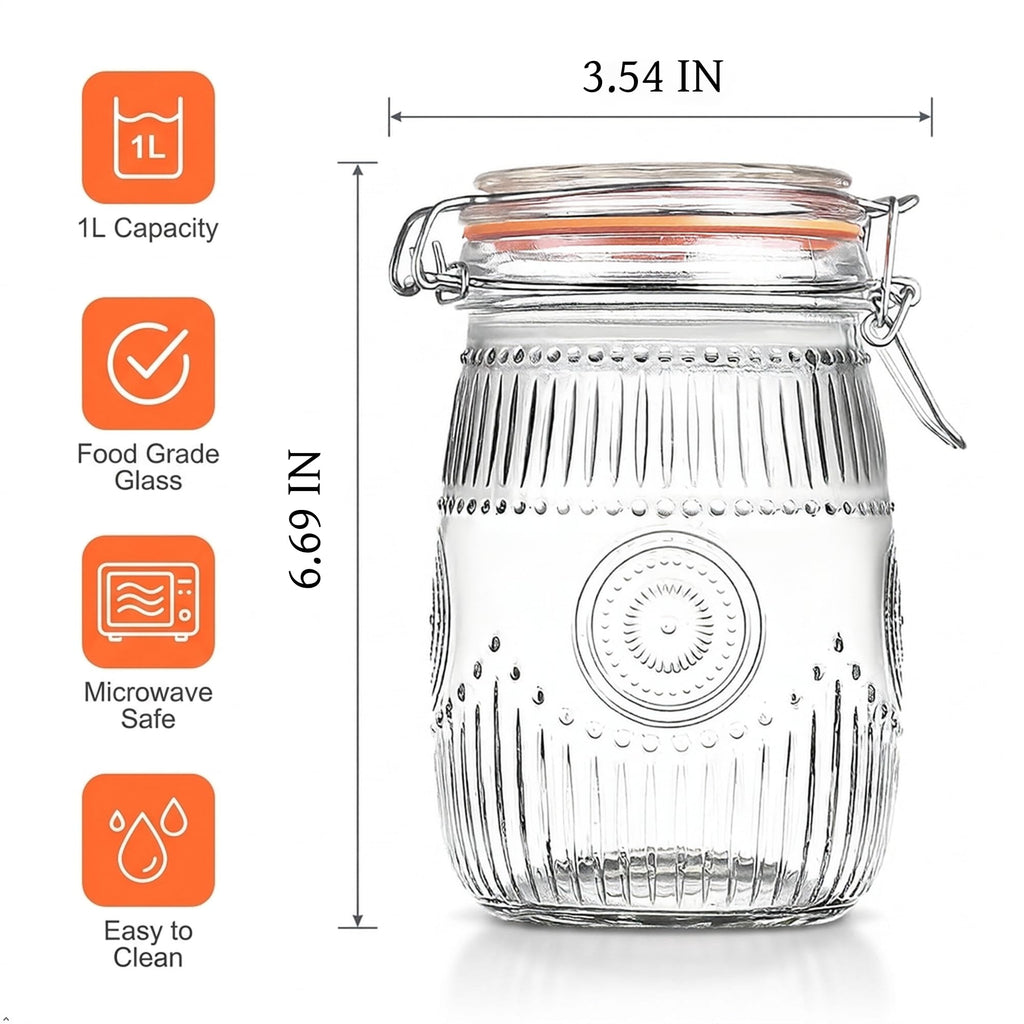Wide Mouth Vintage Mason Jars with Airtight Lid 32oz Canister 6-Pack