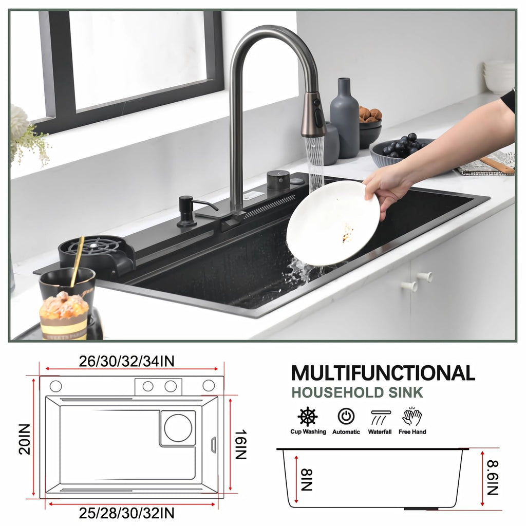 Black with bottom screen, 26 Inch Nano Stainless Steel Waterfall, Countertop Workstation Single Sink Set &