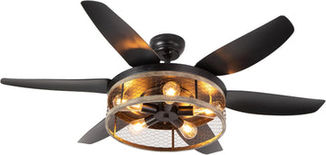 Farmhouse Ceiling Fan with Lights and Remote,52 inch Rustic Ceiling Fan with Caged , Retro Black Outdoor Ceiling Fans