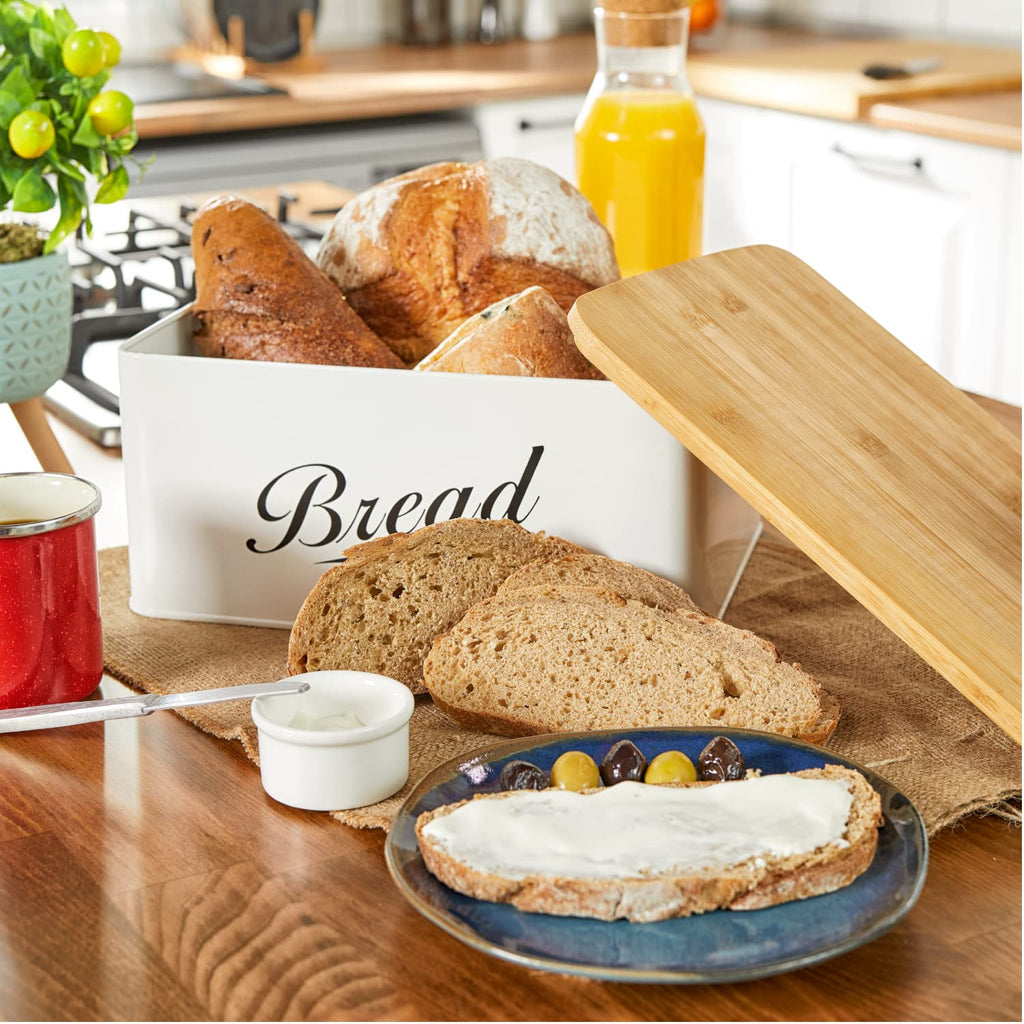 Bread Box - Modern Metal with Bamboo Cutting Board Lid