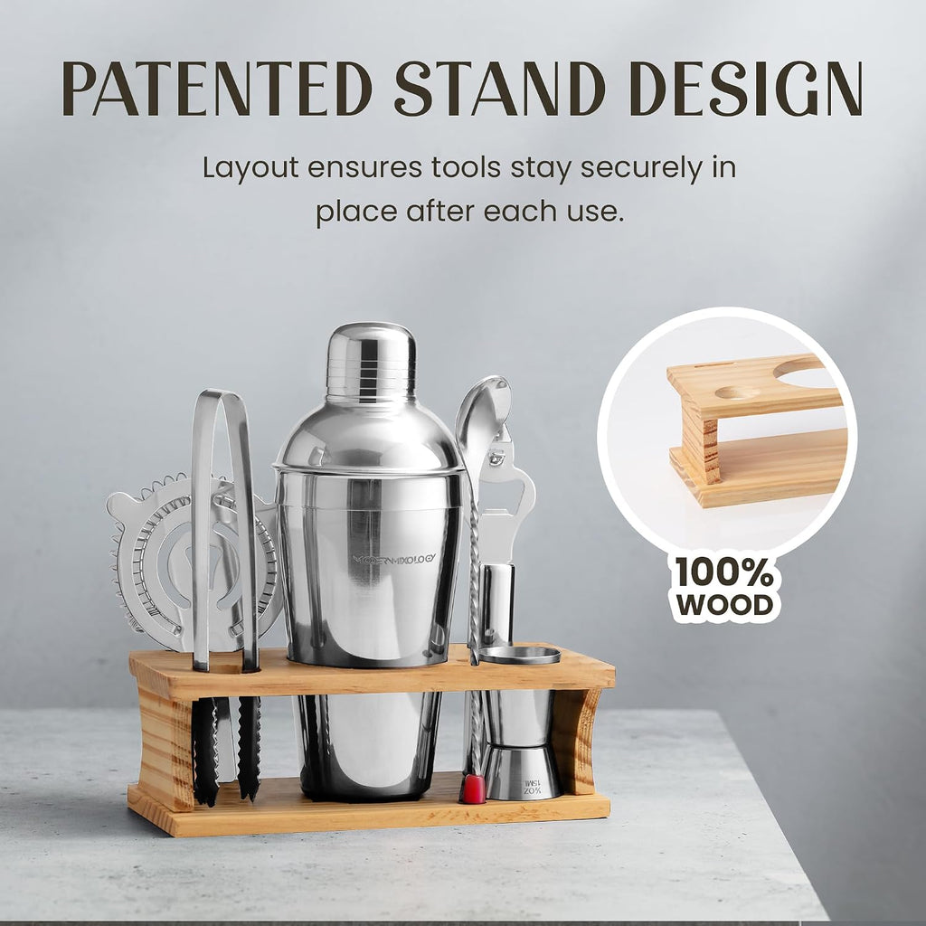 Cocktail Shaker Set - Bartender Kit with Pine Stand | Leak-Proof Design | Includes Martini Shaker, Jigger, Strainer - Set of 8