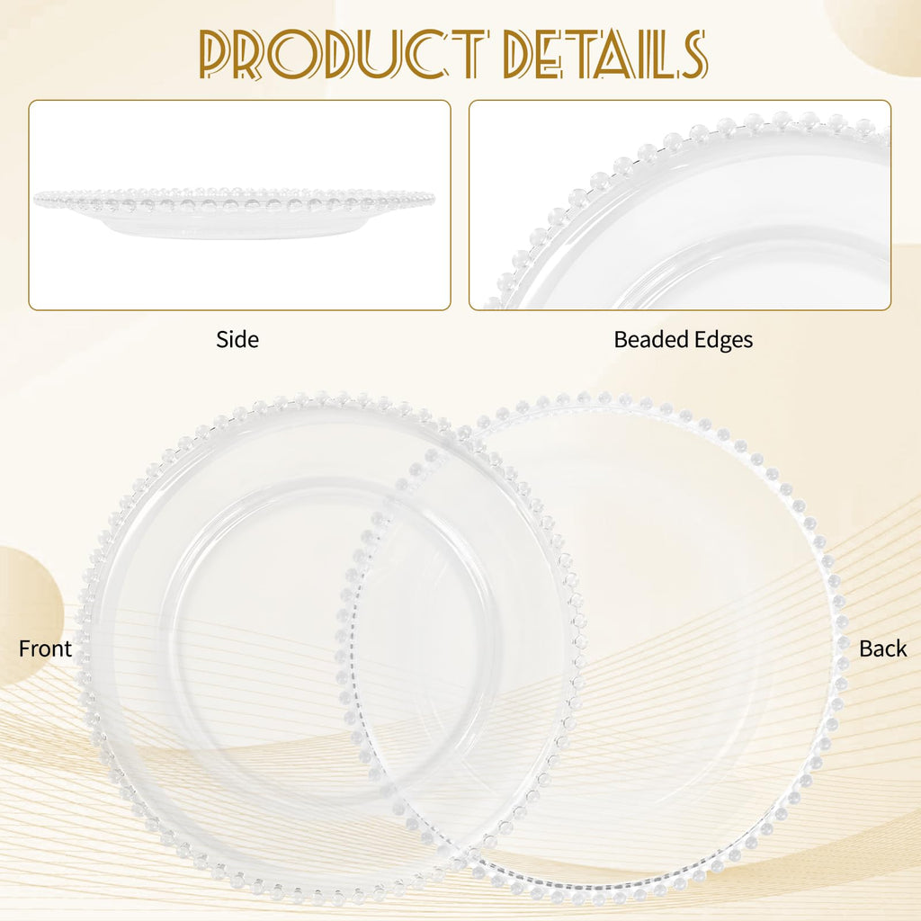 12 Pack 13 Inch Clear Charger Plates with Clear Beaded Rim