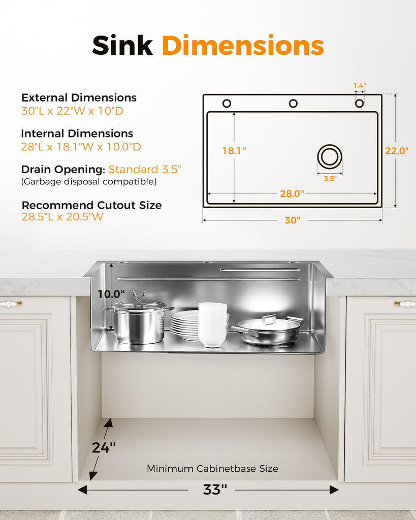 30X22 Drop Sink, 304 Stainless Steel Workstation Sink