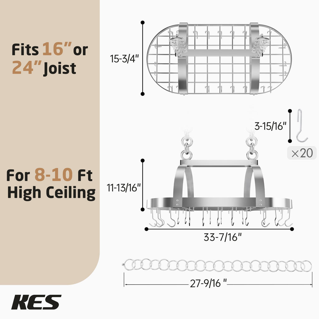 34 Inch Heavy Duty Chrome Hanging Pot Rack Ceiling Mount, Oval Pot and Pan Hanging Rack, Pan Hanger Storage Organizer