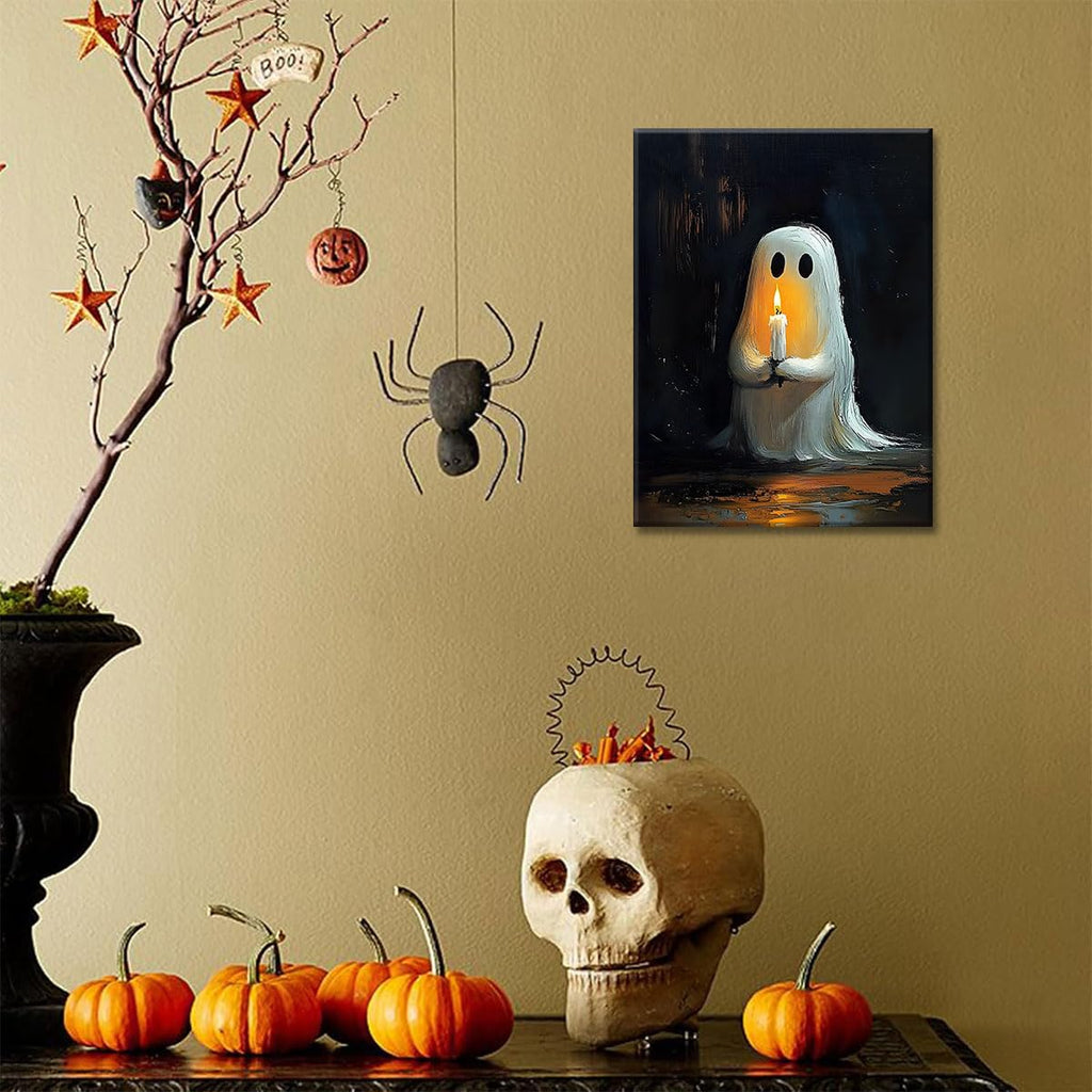 Halloween Ghost Canvas Wall Art Prints Ghost Holding Candle Picture Wall Decor Cute Gothic Painting Vintage Dark