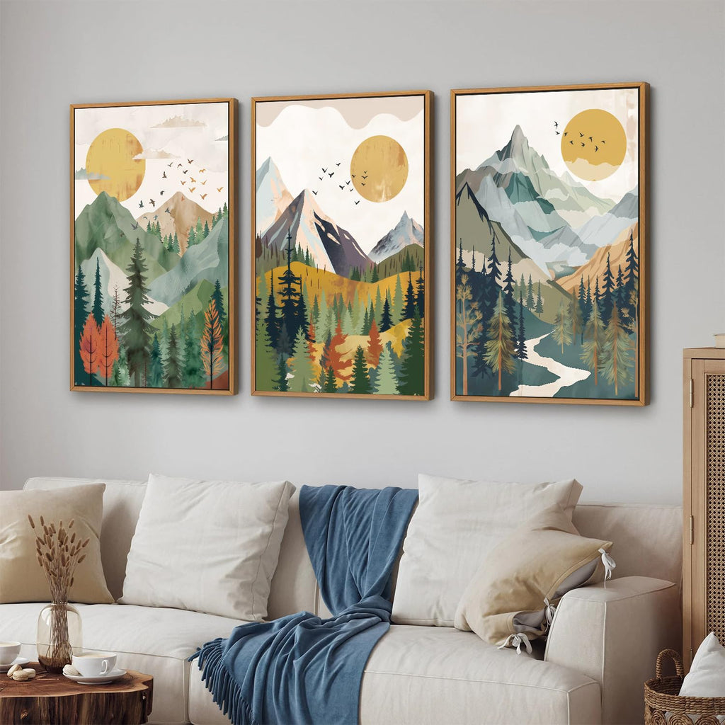 Boho Mountain Framed Canvas Wall Art, Mid Century Modern Wall Decor, Watercolor Sun Forest Woodland Posters, Sage