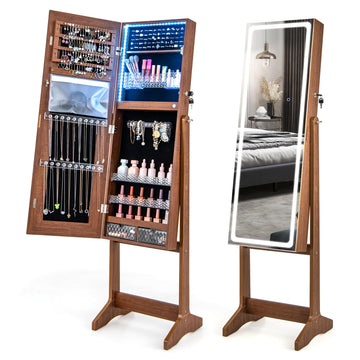 Standing Jewelry Cabinet with LED Lights & Full-Length Mirror (Walnut)