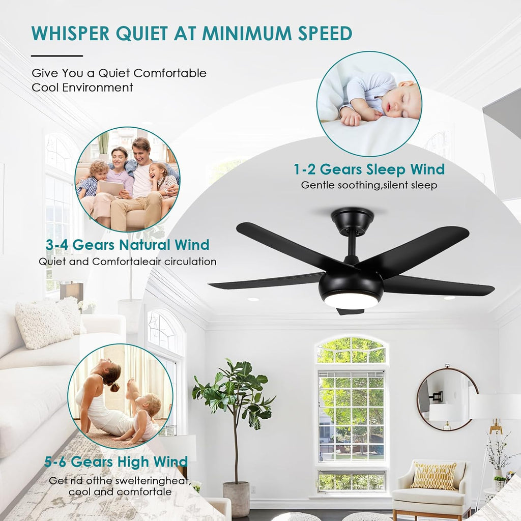 44" Black Ceiling Fan with Lights - Low Profile Ceiling Fans with 5 Reversible Blades, 6 Wind Speeds and Dimmable, Indoor/Outdoor Ceiling Fan Light for Bedroom A101-B0D8W425HM