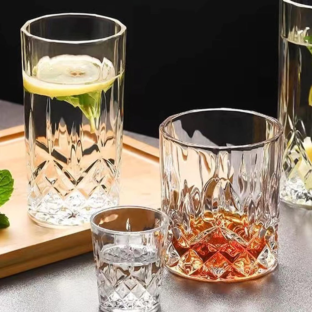 Drinking Glasses, 8 Piece Crystal Glass Cups, Mixed Glassware Set, 4 pcs Crystal Old Fashioned 11oz Highballs and 4